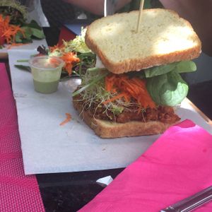 artichoke buffalo sandwich with side salad at Plant Theory in Miami