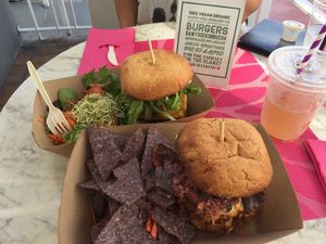 barbecue-jackfruit (in front) & mushroom-burger at Plant Theory in Miami