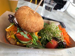 “Famous Missing Egg Bacun Burger” - my partner’s food which he really enjoyed. at Plant Theory in Miami