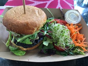 Portobello mushroom burger with salad. Delicious! at Plant Theory in Miami