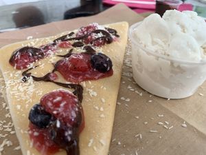 Banana Coconut Crepe with Berries, IceCream,Hot Chocolate sauce at Plant Theory in Miami
