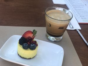 Cappuccino Freddo with home made almond milk and lemon ginger cheesecake  at Yi in Athens