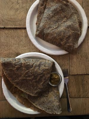 Vegan falafel crepes with hummus and tomato at Eldur og Is - Fire and Ice in Reykjavik