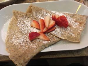 Vegan crepe with strawberries, sugar and cinnamon.  at Eldur og Is - Fire and Ice in Reykjavik