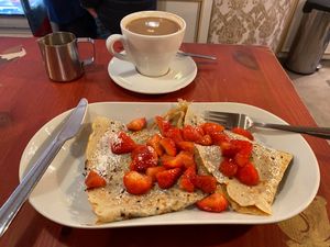 dark chocolate and strawberry crepe with oat milk americano at Eldur og Is - Fire and Ice in Reykjavik