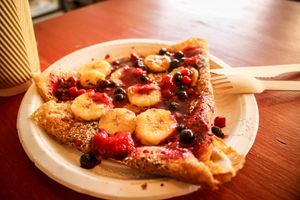vegan crepe with dark chocolate, bananas and berries at Eldur og Is - Fire and Ice in Reykjavik