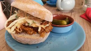 Pulled jackfruit ciabatta with slaw at Bicis y Mas in York