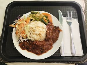 Seitan with rice and salad  at Mennyorszag Szive in Budapest