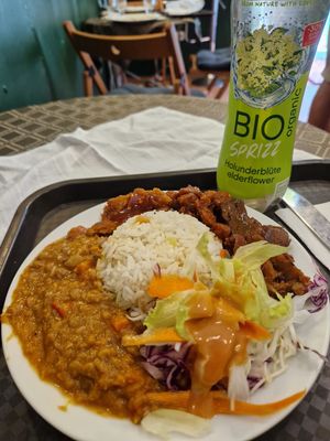 Small daily plate, 1990 HUF (not including the drink) as of August 2023. at Mennyorszag Szive in Budapest