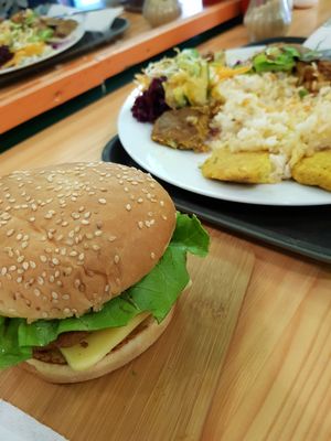 Burger and menu plate at Mennyorszag Szive in Budapest