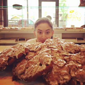 Vegan Brown Sugar Raspberry Rhubarb Fritters using fresh rhubarb grown in Boise at Peaceful Belly Farms at Guru Donuts in Boise