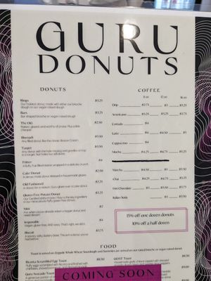 Menu at Guru Donuts in Boise