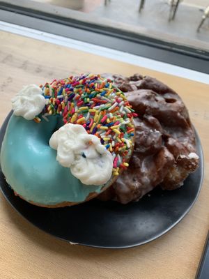 Pride month doughnut and an Apple fritter at Guru Donuts in Boise
