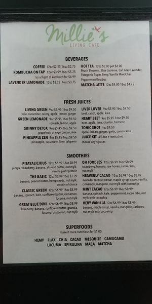 Menu back at Millie's Living Cafe in Lynchburg