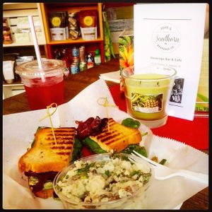 Herbed Tofu Panini on GF Bread with a side of Smashed Potato Salad. (picture compliments of an awesome customer) at Southern Juice and Beverage Co. in Gallatin