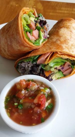 Soya & vegetable Burrito.  Vegan food  at Urban Farm Cafe in San Isidro De El General