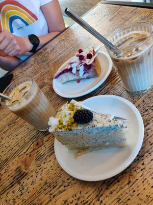 Cherry Cheesecake, Lemon Poppyseed Cake and Iced latte at Cafe Neundrei in Berlin