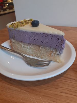 Blueberry mousse cake with vanilla based sponge. at Cafe Neundrei in Berlin