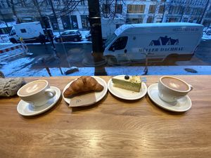Apricot croissant and matcha mousse cake  at Cafe Neundrei in Berlin