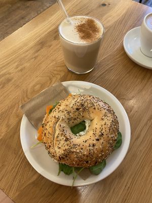 carrot “salmon” bagel and chai latte with soy milk  at Cafe Neundrei in Berlin