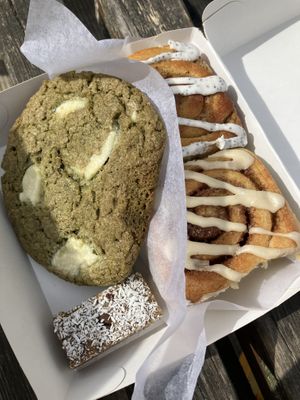Matcha Cookie. Espresso Bite. Cinnamon and Poppy Seed Roll.  at Cafe Neundrei in Berlin