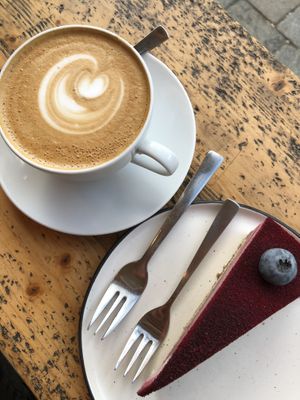 Cappuccino and cake :-) at Cafe Neundrei in Berlin