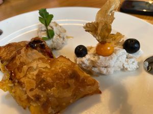 Mango Strudel with cashew cream  at Olive in Innsbruck