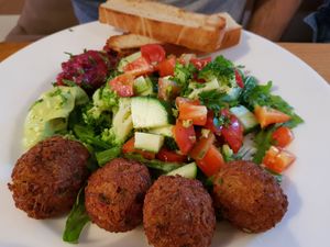 Falafel with salad, Dinkel Toast, grape-ginger sauce, cauliflower, AMAZING at Olive in Innsbruck