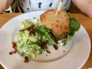 Vegan eggplant burger with e.g. (vegan) feta and tomato. Very nice! at Olive in Innsbruck