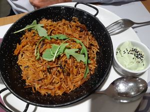 Main: Vegan fideuá (awesome!) at Baobab in Zaragoza