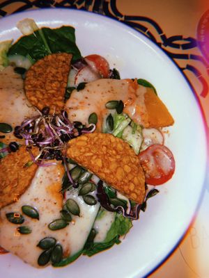 Roasted pumpkin salad with crispy tempeh and a mustard dressing  at Baobab in Zaragoza