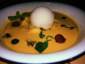 Spicy mango soup with lemon, yoghurt sorbet  at Baobab in Zaragoza