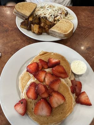 Tofu scramble and vegan pancakes with strawberries   at Maywood Pancake House in Maywood