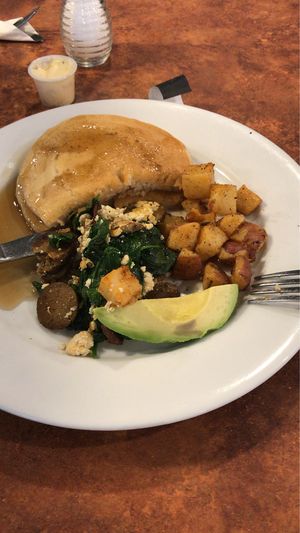 Vegan pancakes & Vegan tofu scramble called Popeye with vegan sausage at Maywood Pancake House in Maywood