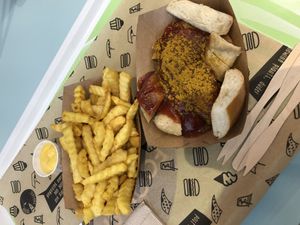Currywurst with pommes and aioli  at VINCENT - Europa Passage in Hamburg