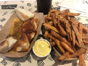 Currywurst and sweet potato fries  at VINCENT - Europa Passage in Hamburg