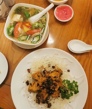 sweet and sour soup & five spice tofu at Aummee in Hanoi