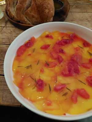 Carpaccio of yellow beetroot, blood orange and fresh thyme. at Michelberger Restaurant in Berlin