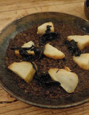 Beluga lentils, mushrooms and turnip(?). at Michelberger Restaurant in Berlin