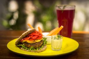 Hawaian Lentil Burguer at Ama Restaurant in Urubamba
