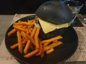 Vegan burger with sweet potato fries at Crop in Crete