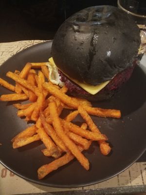 Beet root burger with sweet potato wedges! at Crop in Crete