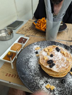 Pancakes with chocolate, peanut butter and maple syrup at Crop in Crete