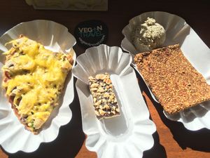 Cracker dip and pizza at Loving Hut in Sofia