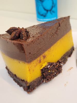 Raw cake and nice locally made soda drink at Loving Hut in Sofia