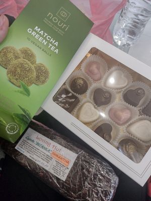 Vegan valentine's chocolate box, matcha truffles and a vegan sausage they use at Loving Hut in Sofia