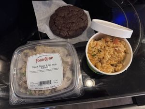 black bean & quinoa salad, chickpea curry, & black forest cookie  at Skagit Valley Food Co-op in Mount Vernon