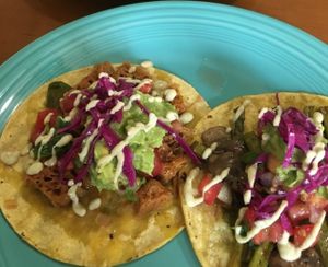 Colorful plates of vegan Latin food at La Vida Veggie in Beaverton