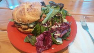 walnut bacon burger with salad. yum at La Vida Veggie in Beaverton
