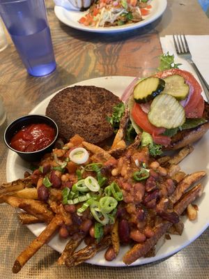 impossible burger (no mayo) with chili fries (no cheese)  at Crossroads Cafe in Joshua Tree